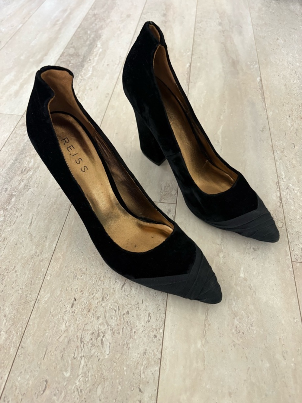 Reiss Black Suede Pointed Toe Block Heel Pumps